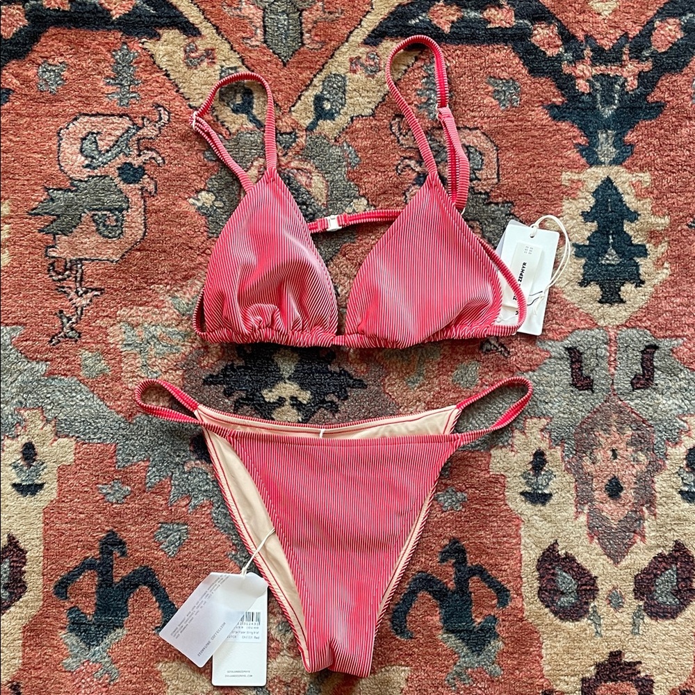 Zulu & Zephyr Signature Stripe Simple Triangle String Bikini Set Chili Red 10